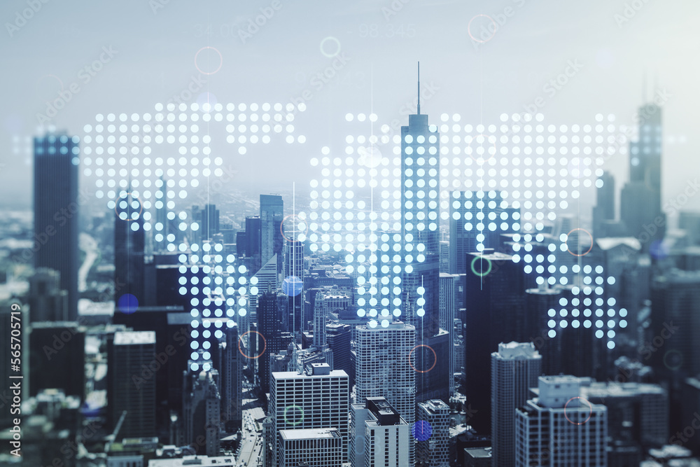 Multi exposure of abstract graphic world map on Chicago cityscape background, big data and networking concept