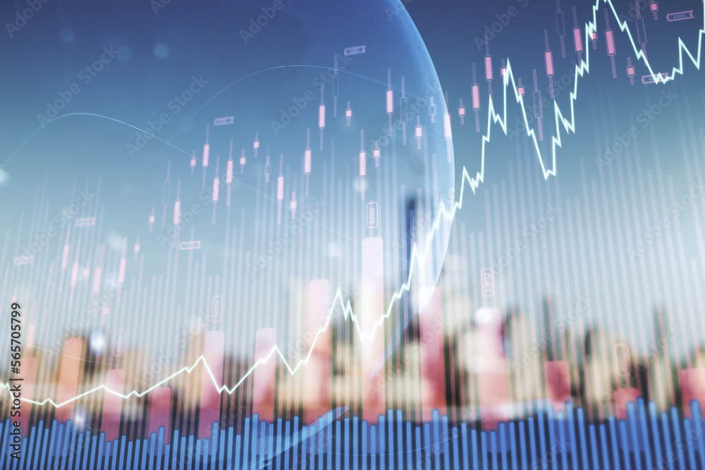 Multi exposure of virtual creative financial graph and world map on blurry skyline background, forex and investment concept Multi exposure of virtual creative financial graph and world map on blurry skyline background, forex and investment concept