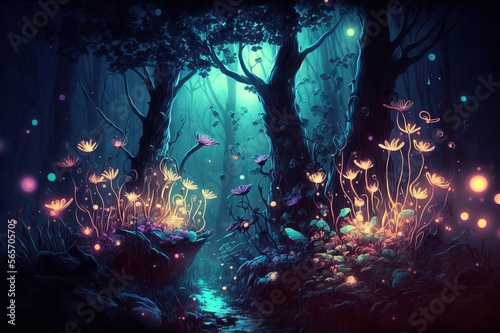 Fairy forest at night, glowing flowers, lights. AI.