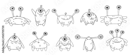 Linear sketches, coloring pages of little cute monsters, mutants. Vector graphics.