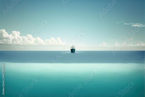 Calm ocean surface with very small container ship on it, copy space, created with Generative AI technology