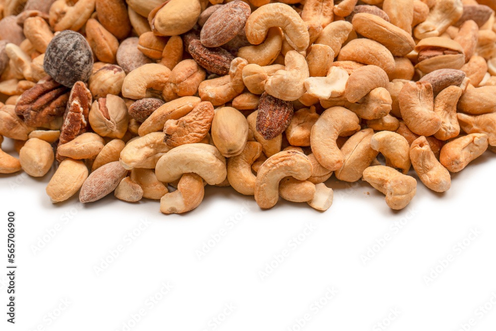 A group of almonds, pistachios, walnuts, macadamia, cashews.