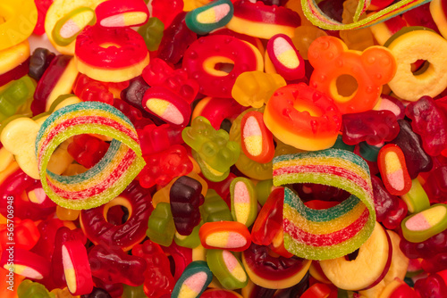 Assorted colorful gummy candies. Top view. Jelly donuts. © Nikolay
