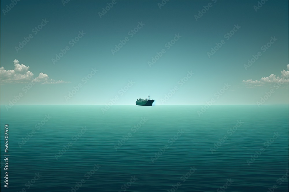 Calm ocean surface with very small container ship on it, copy space, created with Generative AI technology