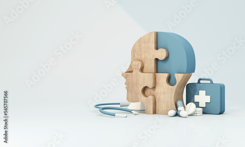 Set of different human heads. People compiling head puzzle with missing pieces or creating people's identity. health care, no illness and insurance. 3d rendering