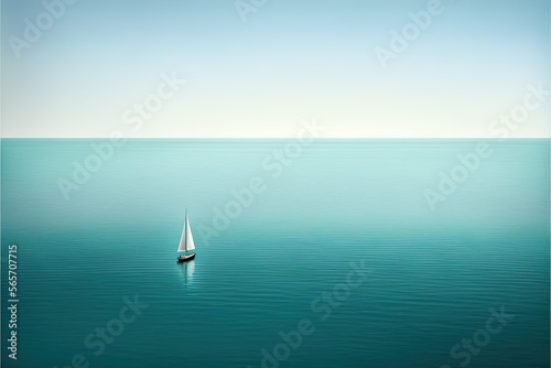 Calm ocean surface with very small sailing boat on the horizon, created with Generative AI technology © tookitook