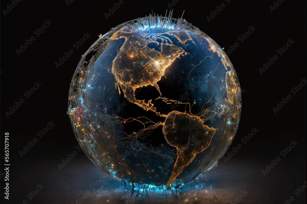 Naklejka premium Earth from space made of glass with shining wires, concept of internet, connections, global communications, created with Generative AI technology