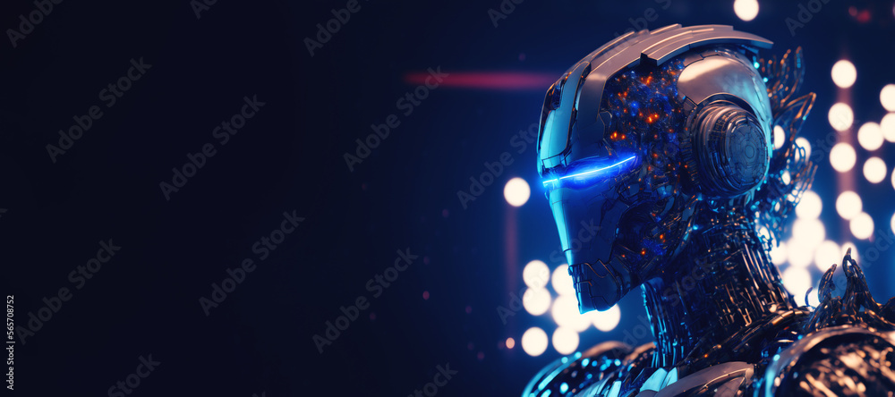 Artificial intelligence, humanoid cyber man blue smart background. Digital technology and innovation big data concept banner. Generation AI