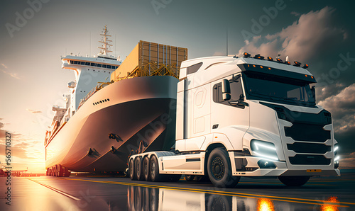 Container trucks and cargo ship, sunlight. Industrial port, International logistics center warehouse, transport industry. Generation AI © Adin