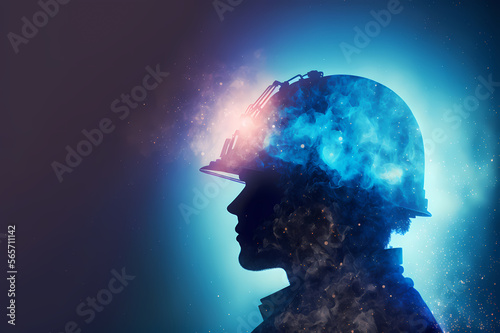 Mine coal industry, miner engineering project devotion with double exposure design. Blue color background with sunlight, mining industrial. Generator AI