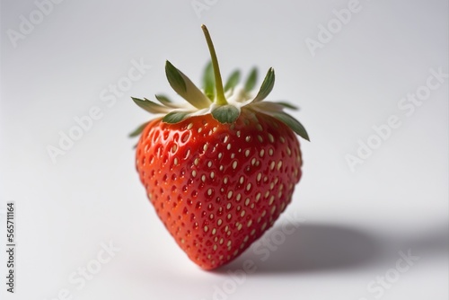  a single strawberry with a white background and a green stem on it's end, with a white background and a white background with a white background. generative ai