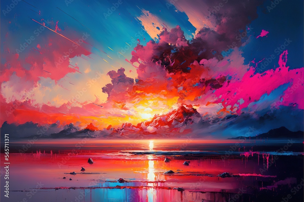  a painting of a sunset with a colorful sky and clouds over water and birds flying in the distance, with a bright orange and blue sky.  generative ai