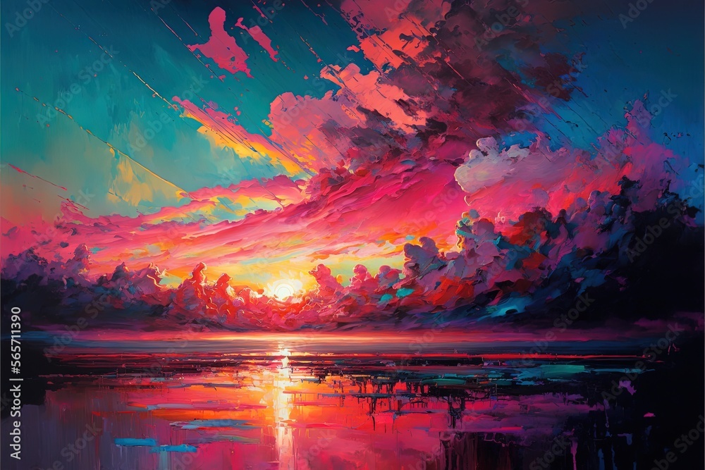  a painting of a sunset over a body of water with clouds in the sky and a sun setting behind it, with a reflection of the water.  generative ai