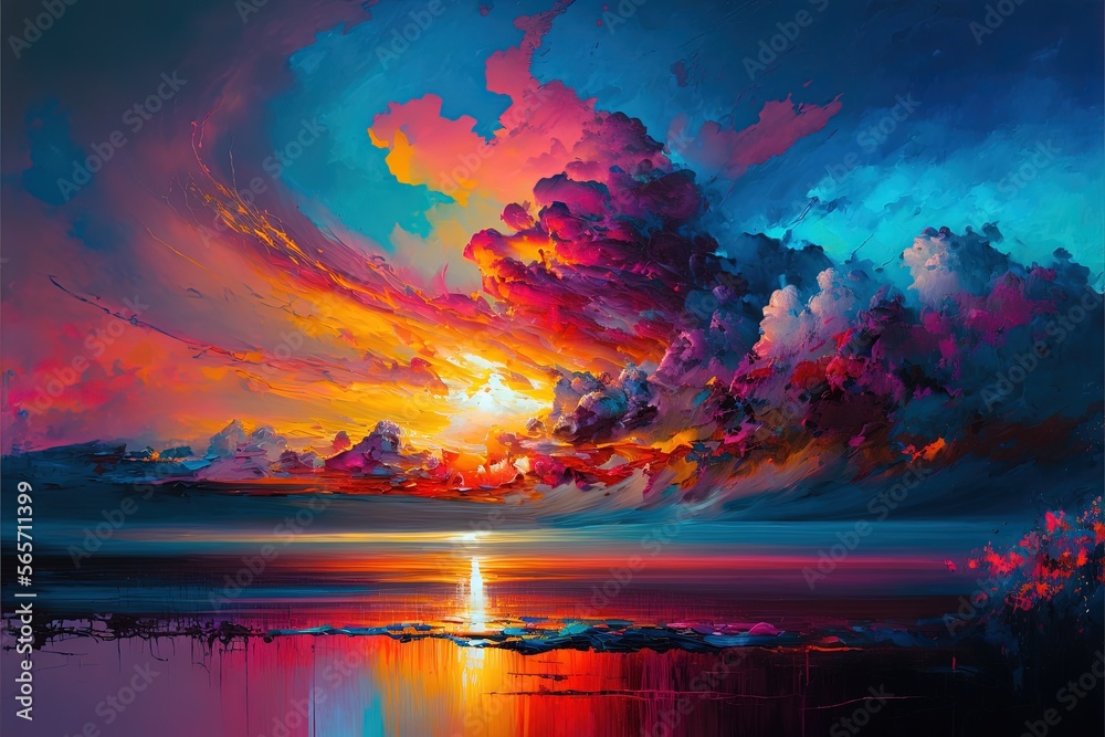  a painting of a sunset over a body of water with clouds in the sky and a bright orange sun in the distance, with a blue sky with a few clouds.  generative ai