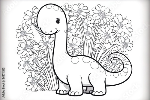 Cute baby dinosaur coloring page template. Cute diplodocus on abstract floral background. © Aleksey