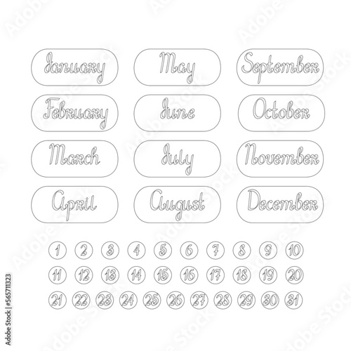 Planner stickers printable days of week, months, year for diary, bullet journal decor outline simple vector illustration