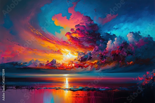  a painting of a sunset over a body of water with clouds in the sky and a bright orange sun in the distance, with a blue sky with a few clouds. generative ai