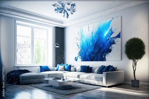 Silver and Blue themed modern living room. White and blue. Luminous and spacious interior design. Generative AI. photo