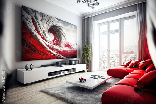 Modern living room, red and white, wooden floor. Spacious and luminous. Rich and luxuous interior design. Generative AI. photo