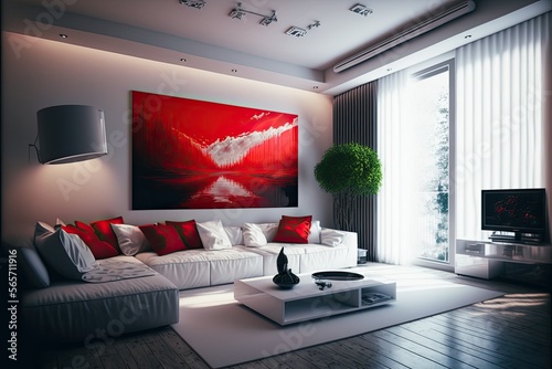 Modern living room, red and white, wooden floor. Spacious and luminous. Rich and luxuous interior design. Generative AI. photo