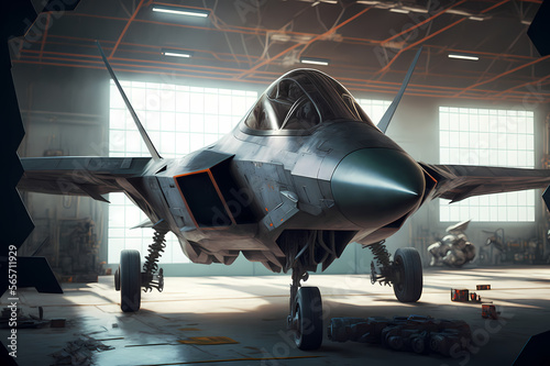 Modern fighter of new generation is in hangar. Military aircraft getting ready to take off on mission, sunlight. Generation AI