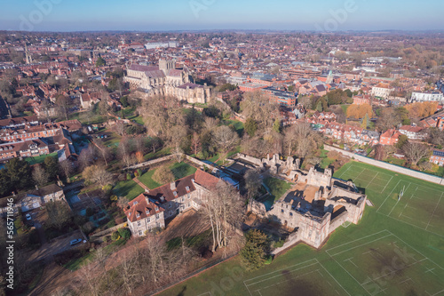 Beautiful aerial view of the famous English Heritage site, Wolvesey Castle, the Monumental remains, bishops of Winchester photo