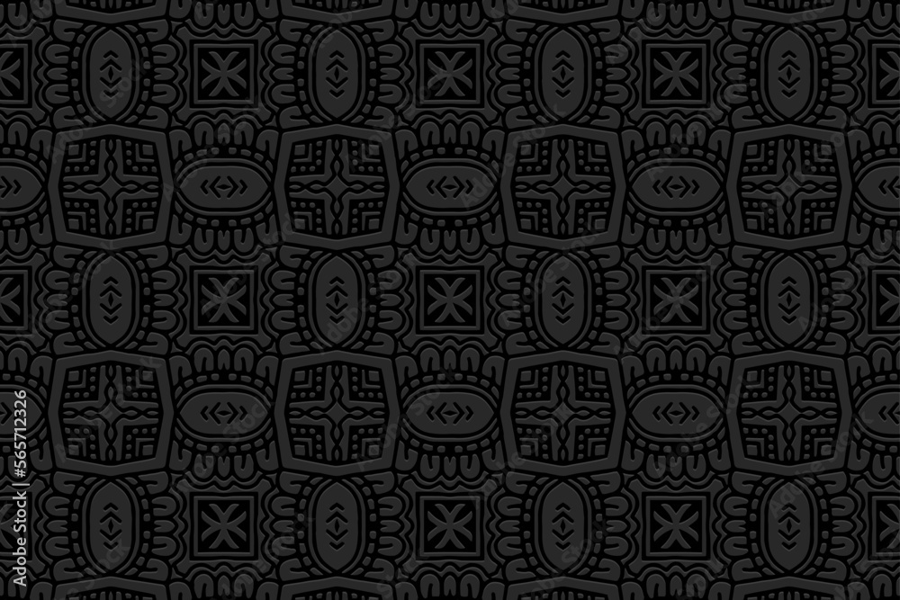 Embossed black background, ethnic cover design. Geometric 3D pattern, press paper, leather. Boho style, art deco. Tribal decorative textures of the peoples of the East, Asia, India, Mexico, Aztecs, Pe