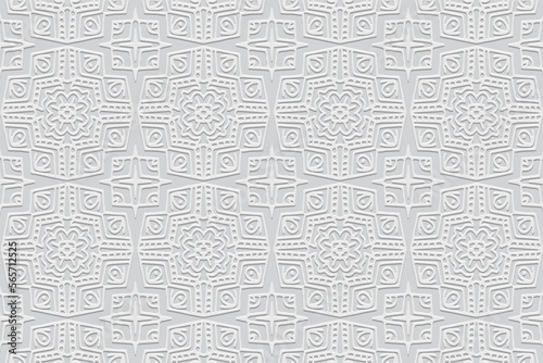 Embossed white background, ethnic cover design. Geometric 3D pattern, press paper, leather. Boho style, art deco. Tribal elegant textures of the peoples of the East, Asia, India, Mexico, Aztecs, Peru.