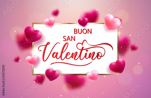 carta o banner per augurare un felice San Valentino in rosso in un rettangolo bianco con bordi dorati e cuori rosa chiaro e scuro in effetto bokeh attorno ad esso su uno sfondo sfumato rosa scuro