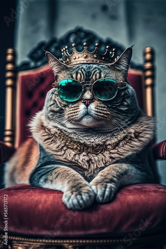  a cat wearing a crown and sunglasses sitting on a chair with a red cushion and gold frame around it's neck and legs,. generative ai
