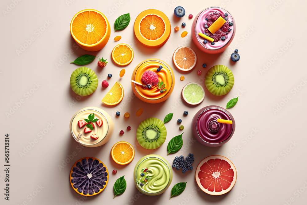 a group of fruit slices and fruits on a table top with a white background and a purple border around them with a pink border around the edges. generative ai a group of fruit slices and fruits on a table top with a white background and a purple border around them with a pink border around the edges. generative ai