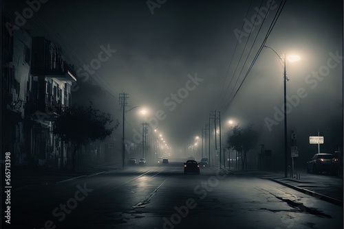  a car driving down a street at night in the foggy city street lights are on and the car is driving down the street at night.  generative ai