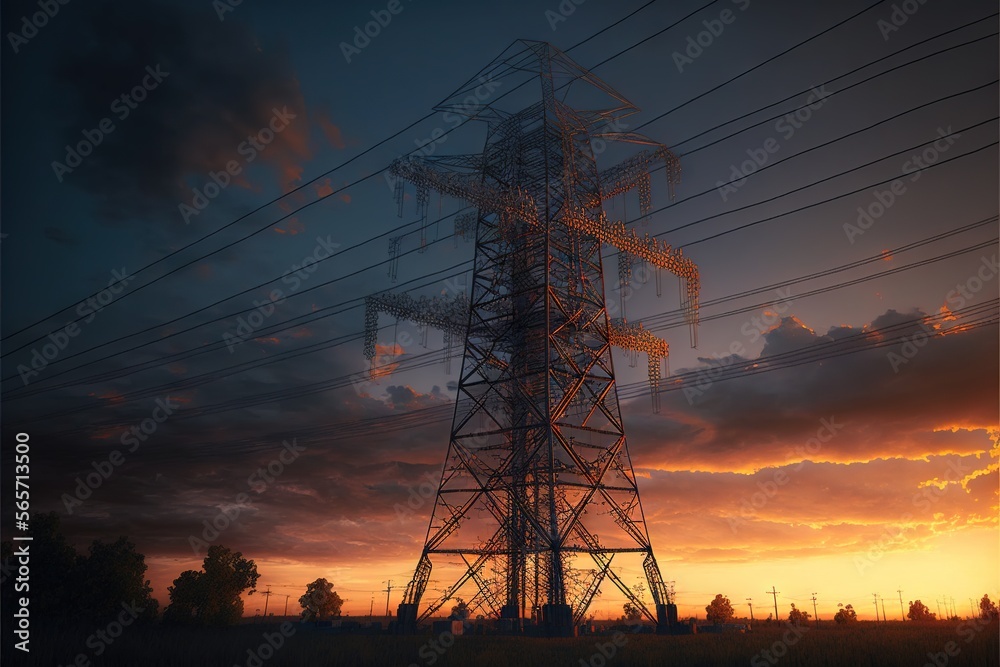  a high voltage power tower with the sun setting behind it and clouds in the sky above it, with a dark orange glow on the horizon.  generative ai
