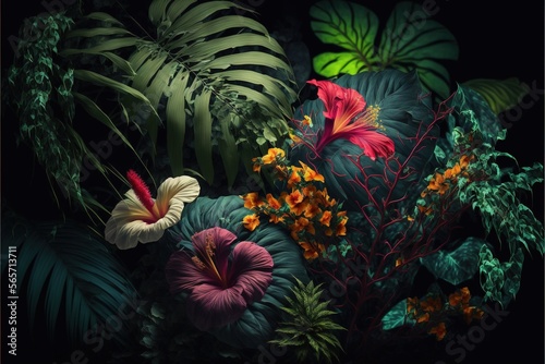  a painting of tropical plants and flowers in a dark room with a black background and a green leafy wallpaper with a red and yellow flower.  generative ai © Shanti