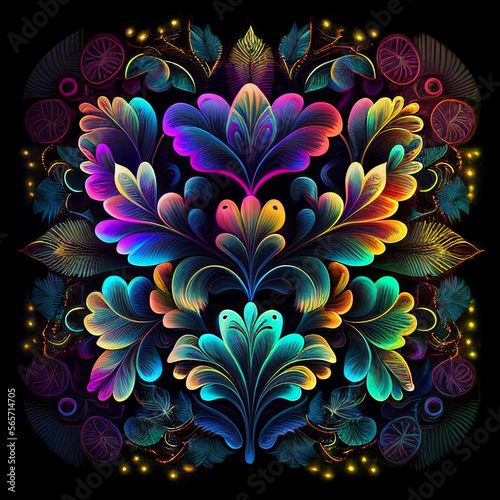 neon colored floral ornament - Generative AI 