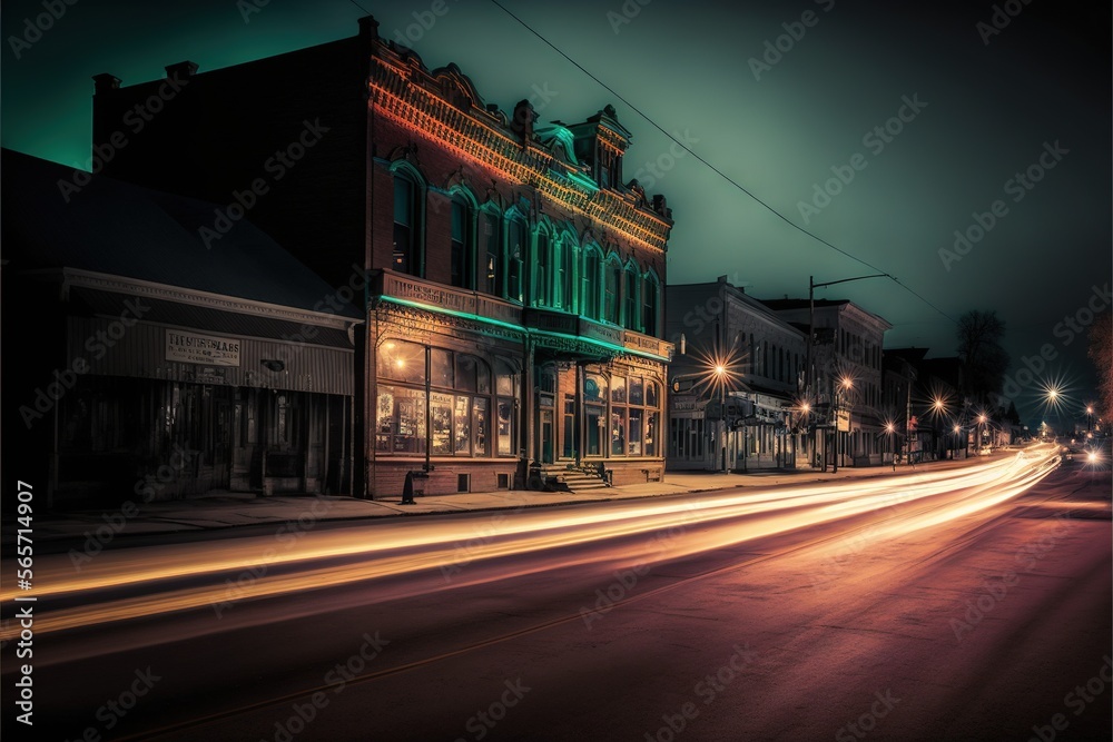  a street with a building and a street light at night time with a long exposure of the street lights in the foreground and the building with the lights on.  generative ai