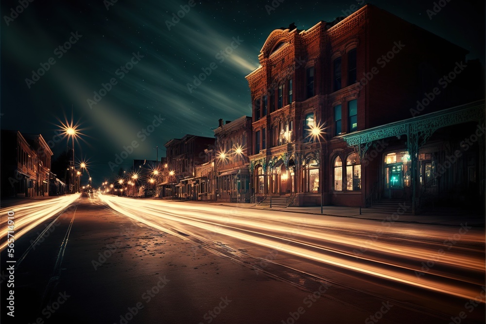  a street with a few buildings and street lights on it at night time with long exposure of light streaks on the road and buildings on the street.  generative ai