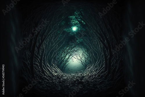 Fairytale dense forest. Dark background. Mysterious atmosphere