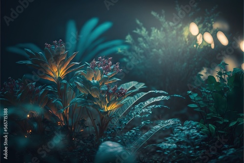  a bunch of plants that are in the grass by some lights and bushes in the background with lights on them and a light in the middle.  generative ai