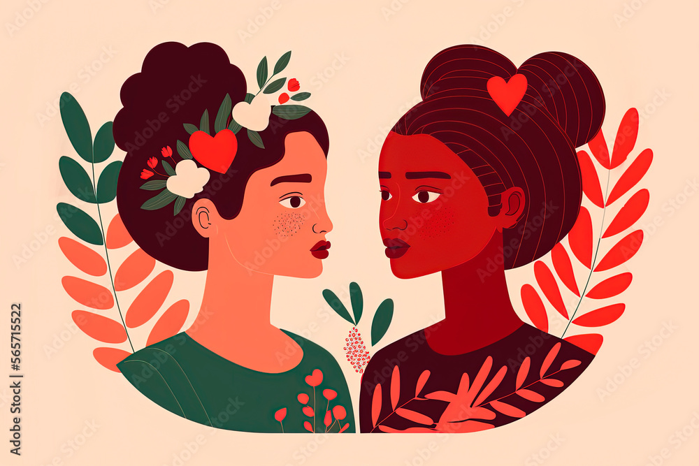 Valentine's Day Non Binary Couple Illustration with Flowers and Leaves, Love is Love, Gift for Your Loved Ones Valentine's Day Non Binary Couple Illustration with Flowers and Leaves, Love is Love, Gift for Your Loved Ones