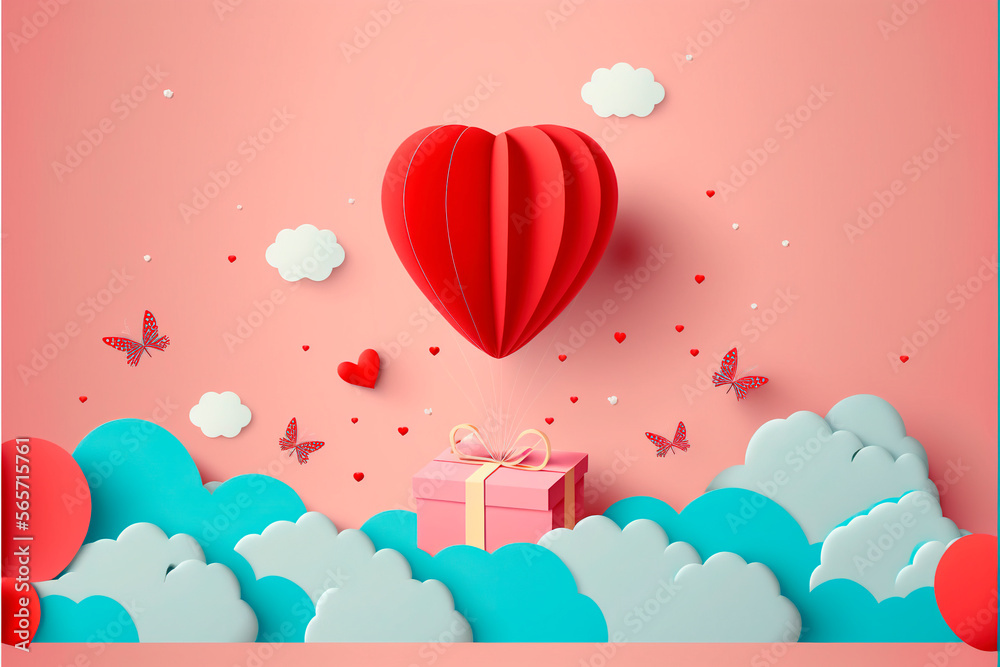Air Balloon with Heart and Gift Box, Valentine's Day, Love is Love, Gift for Your Loved Ones