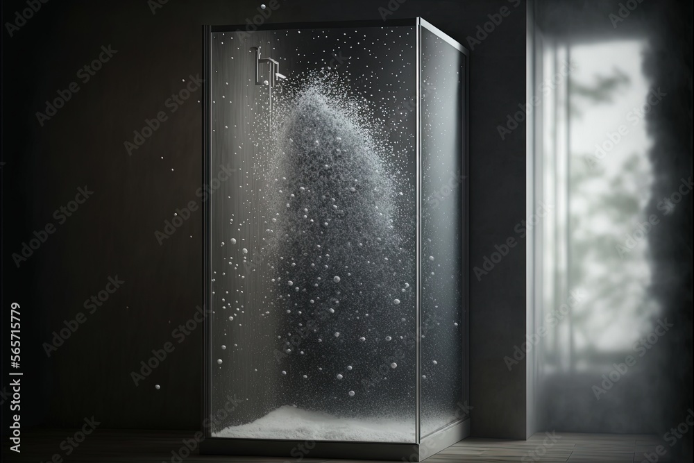  a shower with water coming out of it and a window in the background with a light coming through it and a window with a light shining on it.  generative ai