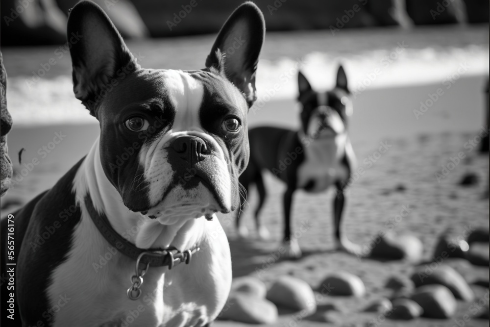  a black and white photo of three dogs on the beach with rocks in the background and one dog looking up at the camera with a serious look on his face.  generative ai
