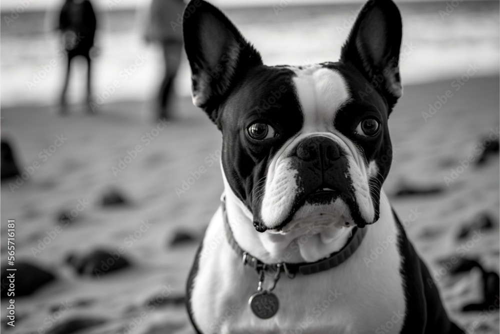 a black and white dog is sitting on the beach looking at the camera with a person in the background behind him and a person in the distance.  generative ai