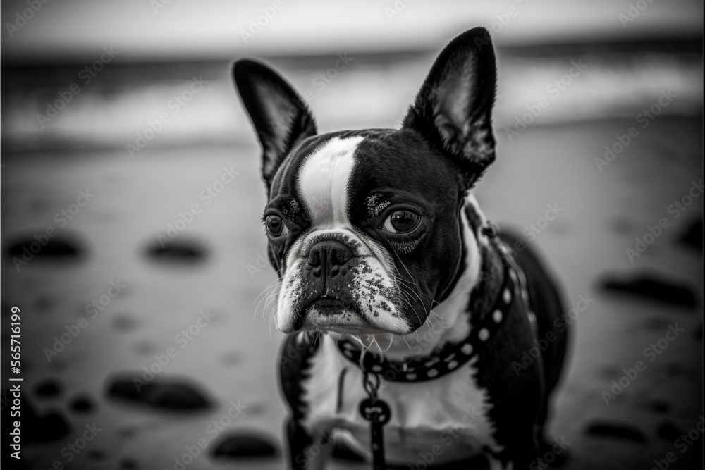  a black and white photo of a dog on the beach with a chain around its neck and a collar around its neck, looking at the camera.  generative ai