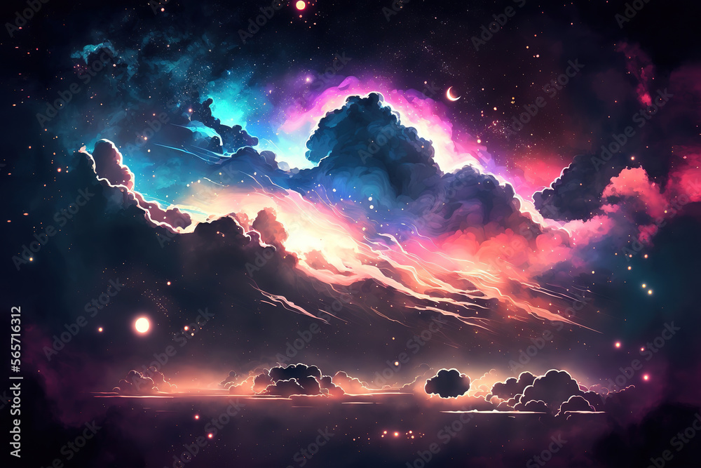 Fantasy dreamy neon night sky with glowing clouds and stars, illustration imitating watercolor drawing, art illustration 