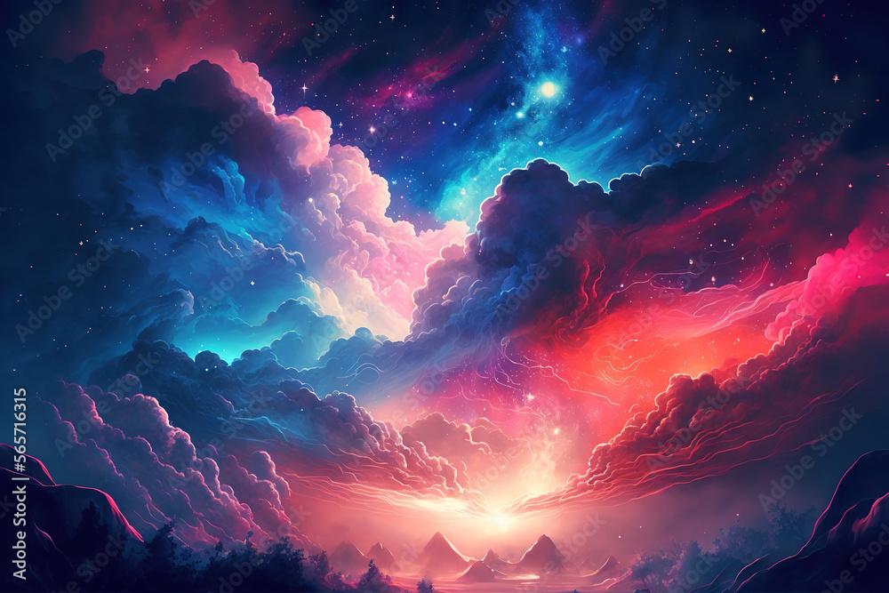 Fantasy dreamy neon night sky with glowing clouds and stars, illustration imitating watercolor drawing, art illustration Fantasy dreamy neon night sky with glowing clouds and stars, illustration imitating watercolor drawing, art illustration