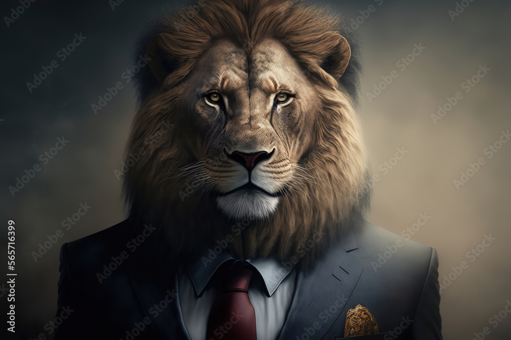 Portrait of a lion dressed in a formal business suit, art illustration 