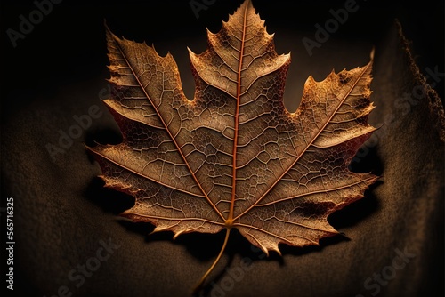  a leaf with a brown center on a black background with a shadow of the leaf on the left side of the picture and a black background with a black border. generative ai