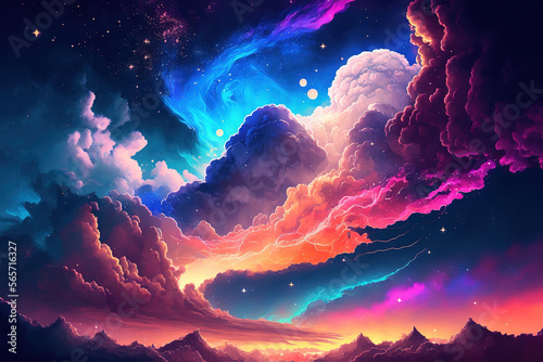 Fantasy dreamy neon night sky with glowing clouds and stars, illustration imitating watercolor drawing, art illustration 